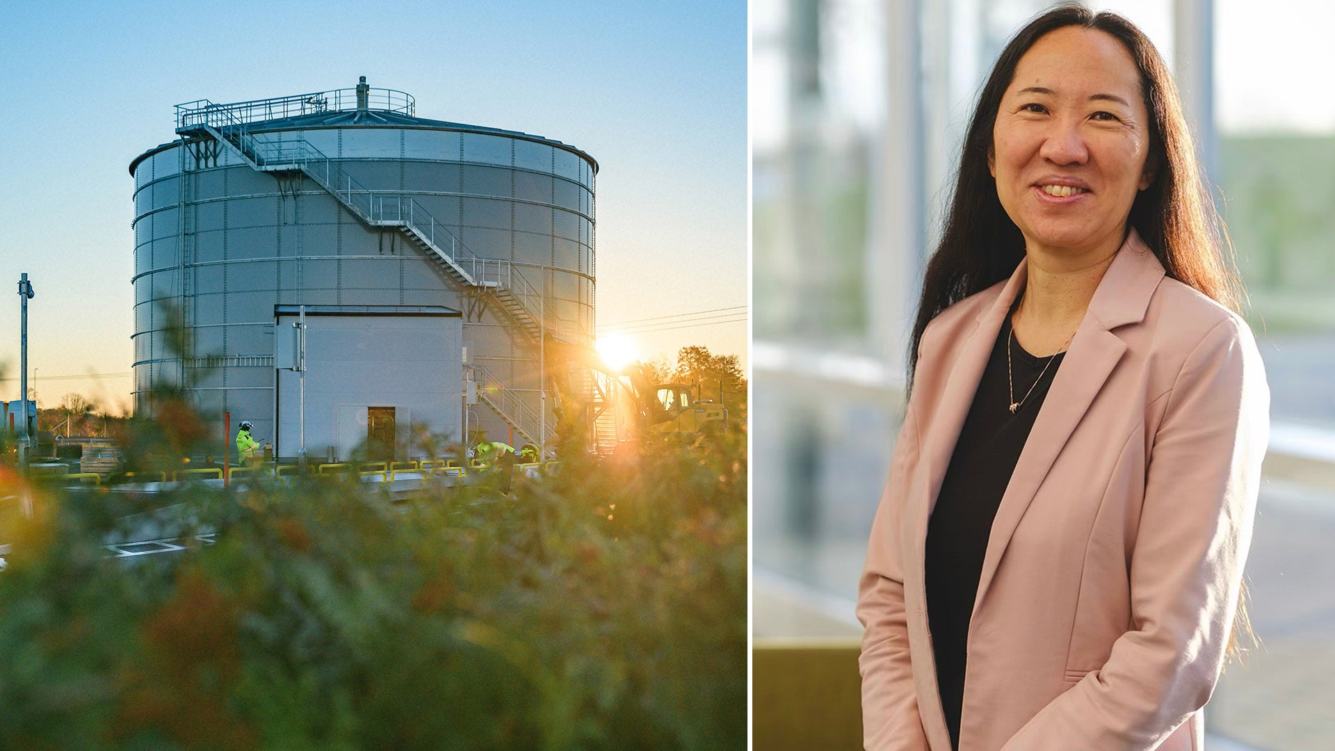 Sammansatt bild med en stor industriell lagertank vid solnedgång på vänster sida och ett porträtt av en kvinna i rosa blazer på höger sida.