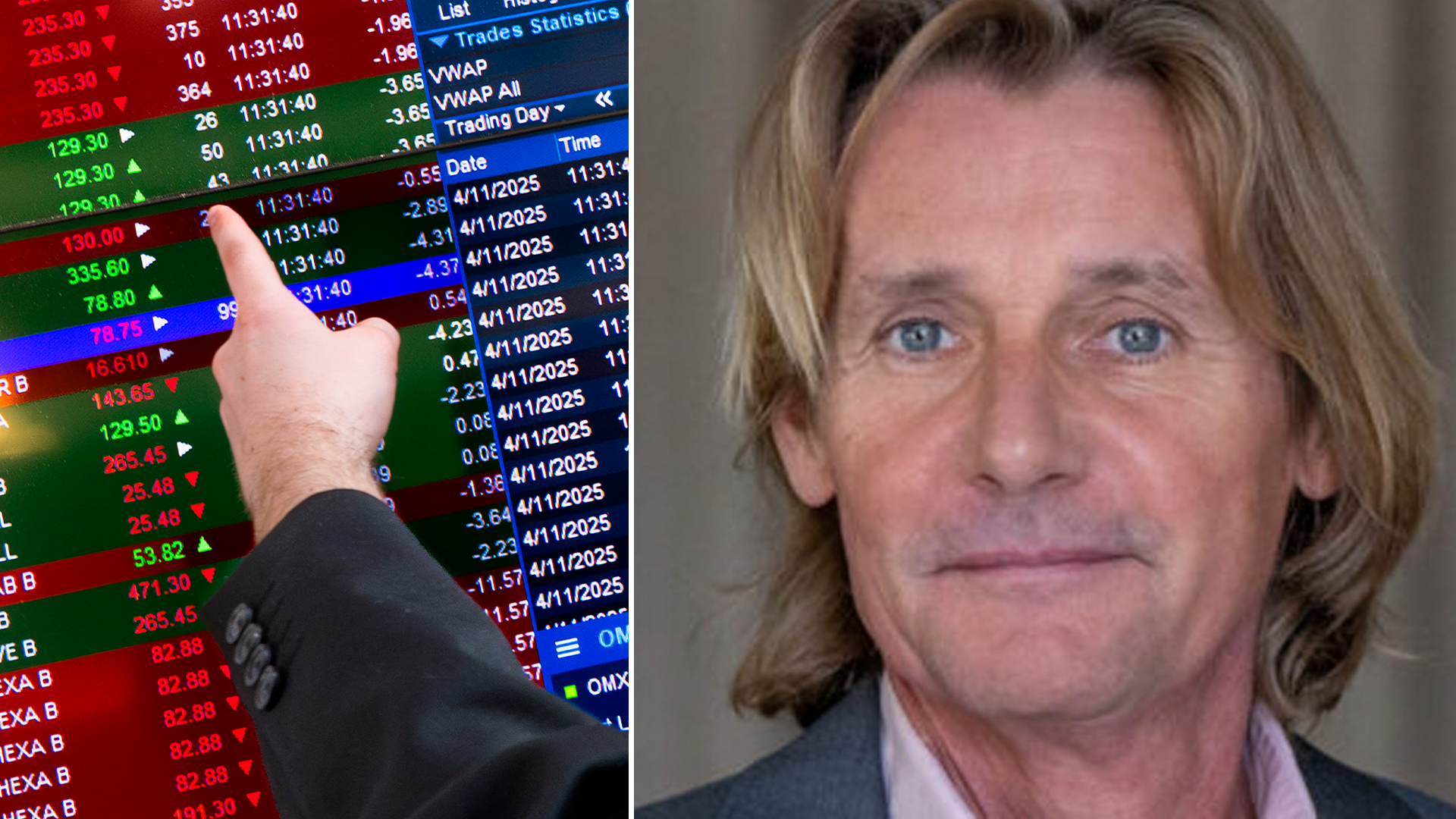 En hand pekar på en aktiemarknadsskärm bredvid ett porträtt av en man med långt blont hår.