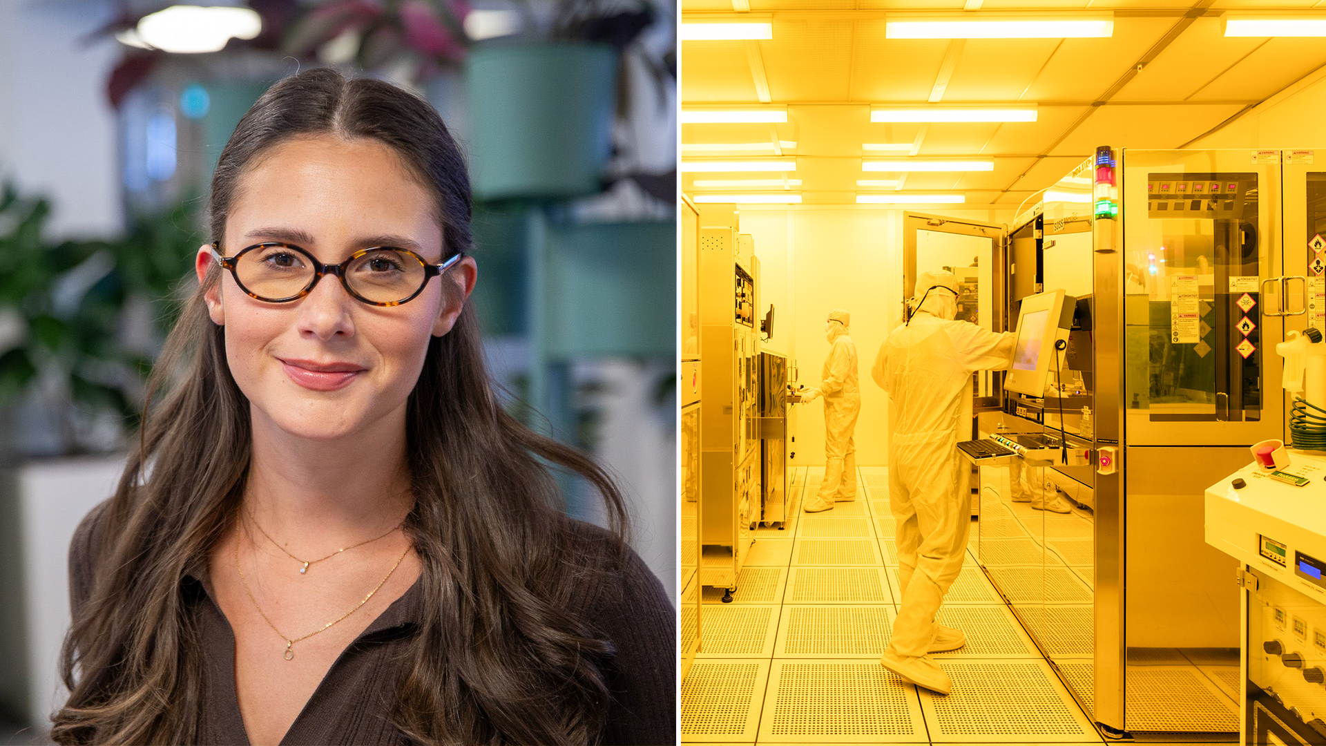 Porträtt av en ung kvinna med glasögon och ett laboratorium med gul inredning där en person arbetar vid vetenskaplig utrustning.