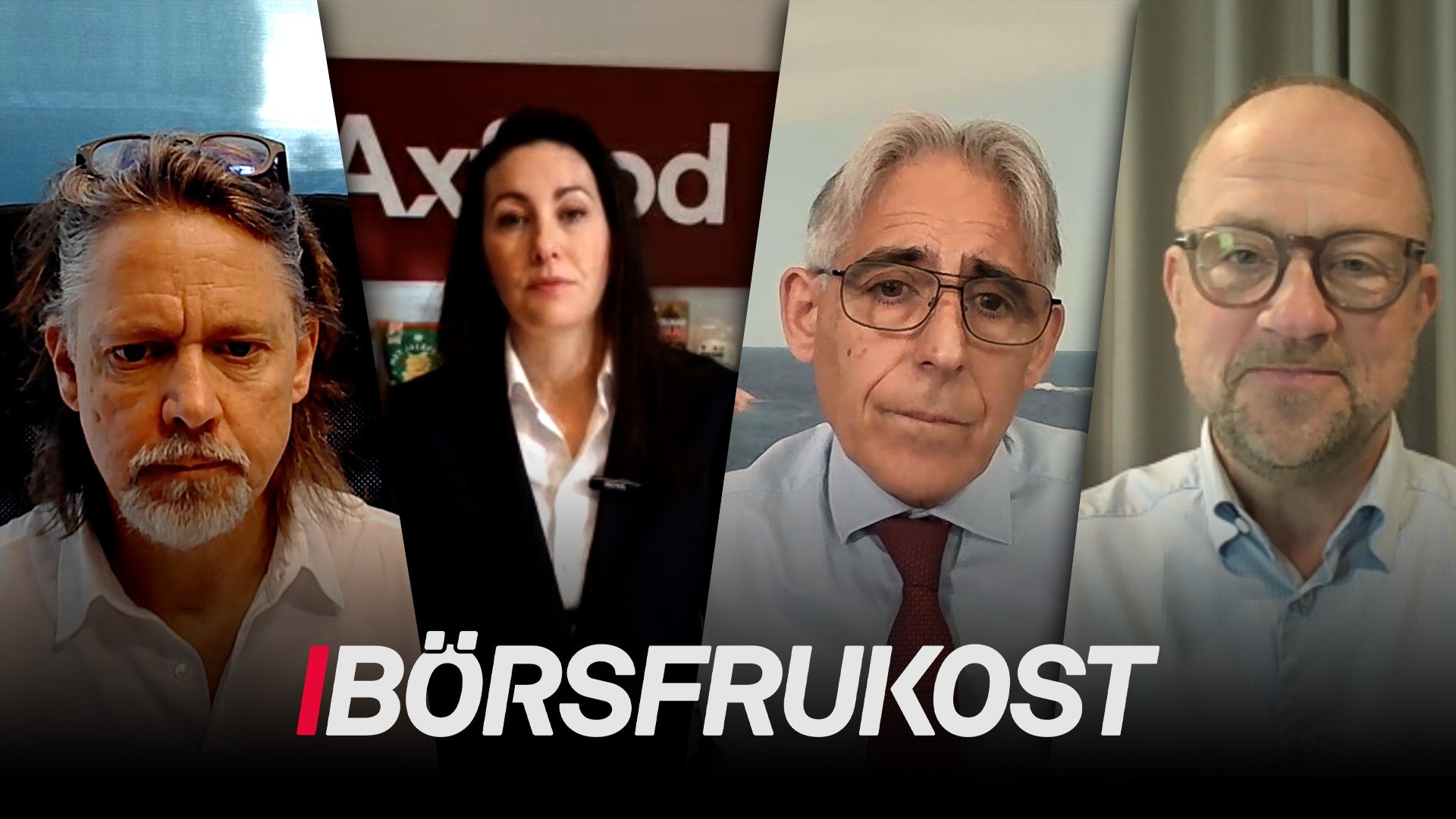 Fyra personer i ett videomöte eller intervjusetting med texten Börsfrukost nedtill.