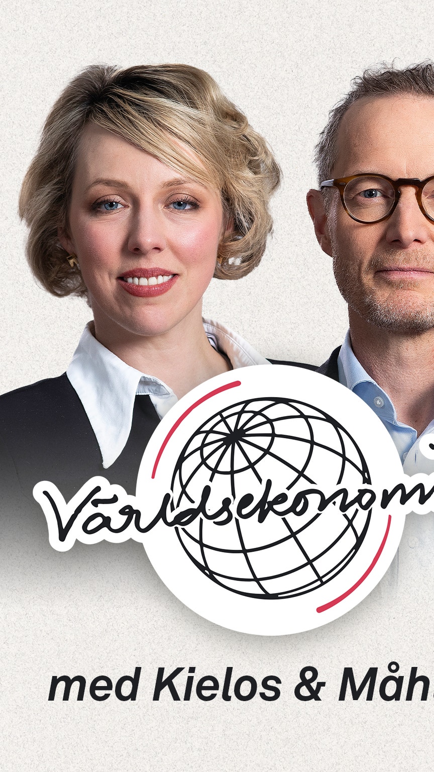 Programbild för Världsekonomin. Två personer poserar framför en vit bakgrund med en jordglob-logotyp mellan sig. Text under bilden säger 'med Kielos & Måhlen'.
