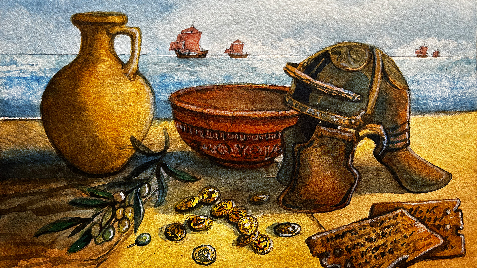 Illustration av antika föremål från en sjöfarare: en gyllene kruka, röd skål, metallhjälm, mynt och ankare på en strand med havet och gamla segelfartyg i bakgrunden.