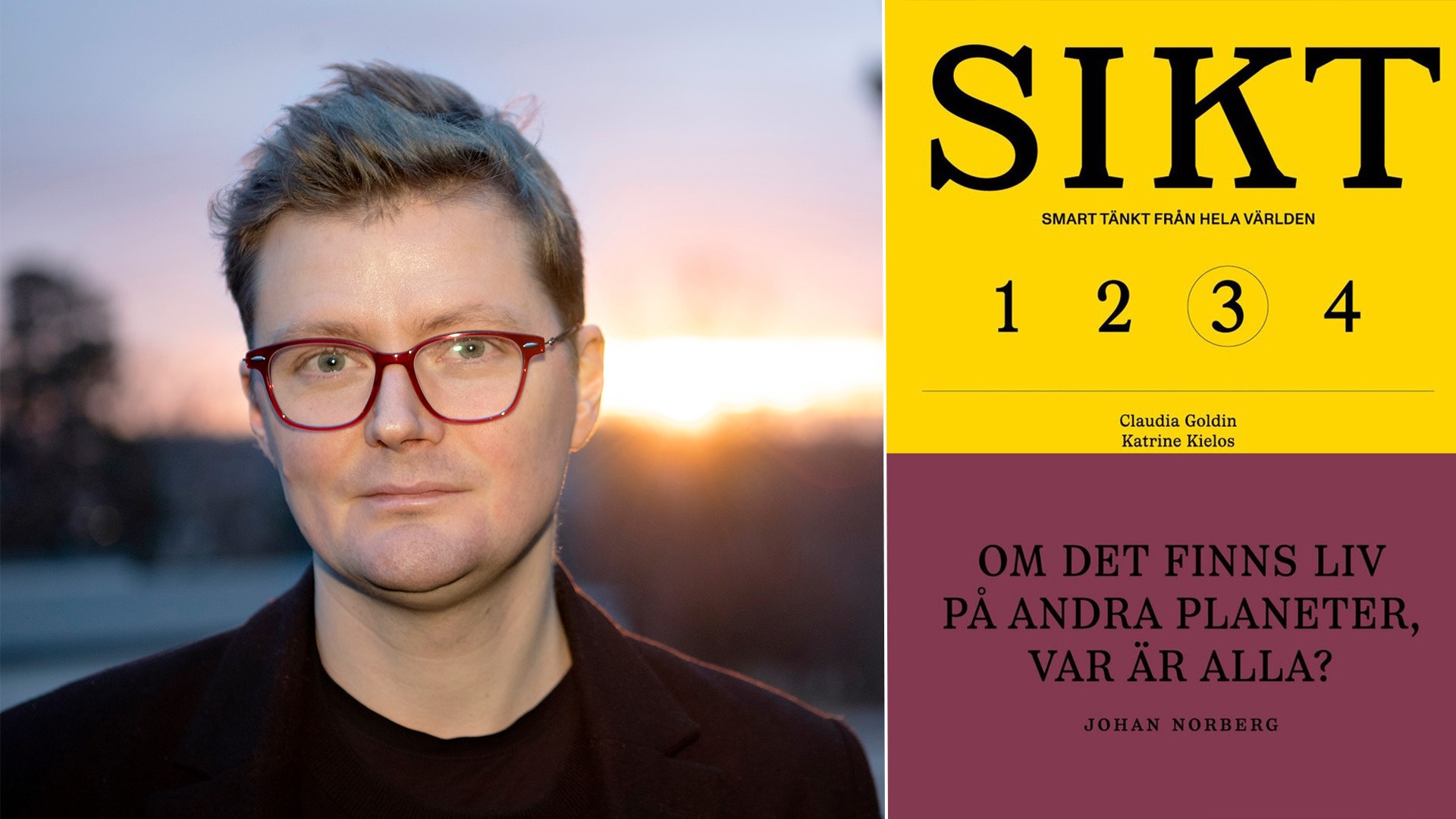 Porträttfoto av man med glasögon mot solnedgångsbakgrund, tillsammans med bokcover för SIKT