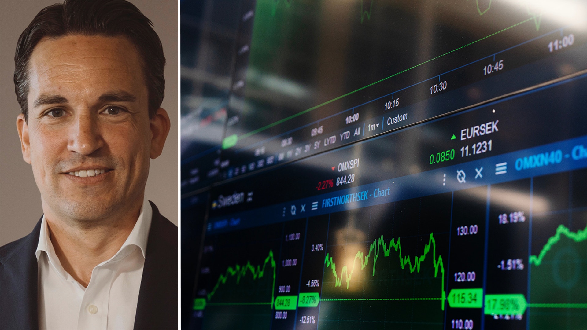 Jon Arnell till vänster, genrebild över börsen till höger.