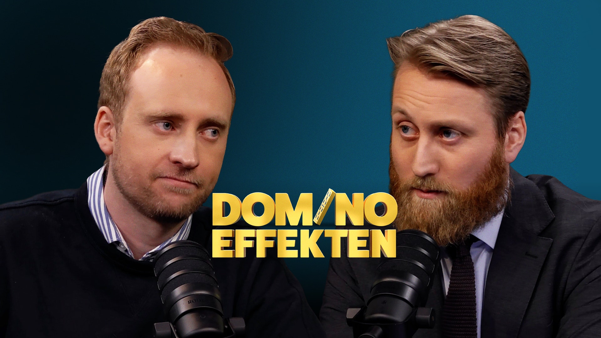 Två män vid mikrofoner med texten Dom/No Effekten