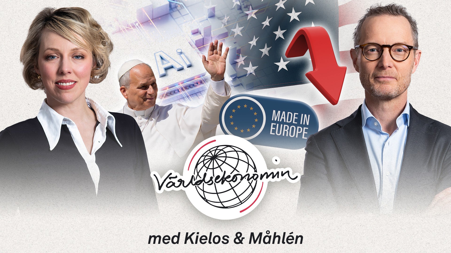 Collage om världsekonomin med två personer, amerikanska och europeiska flaggor, och loggor för Världsekonomin och Made in Europe.