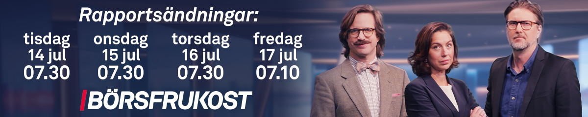Banner för Börsfrukosten rapportsändningar. Visar tre personer och sändningstider: tisdag 14 juli, onsdag 15 juli, torsdag 16 juli och fredag 17 juli, alla klockan 07:30 förutom fredag som är 07:10.