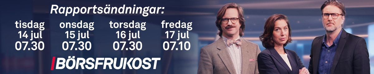 Banner för Börsfrukosten rapportsändningar. Visar tre personer och sändningstider: tisdag 14 juli, onsdag 15 juli, torsdag 16 juli och fredag 17 juli, alla klockan 07:30 förutom fredag som är 07:10.