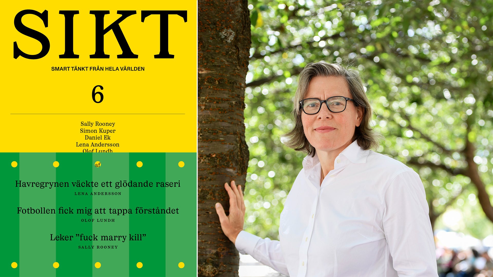 Omslagsbild för SIKT 6. En kvinna med glasögon och långt hår i vit skjorta står framför ett träd med grönt löv. Till vänster syns gul och grön design med text om smart tanke från hela världen.