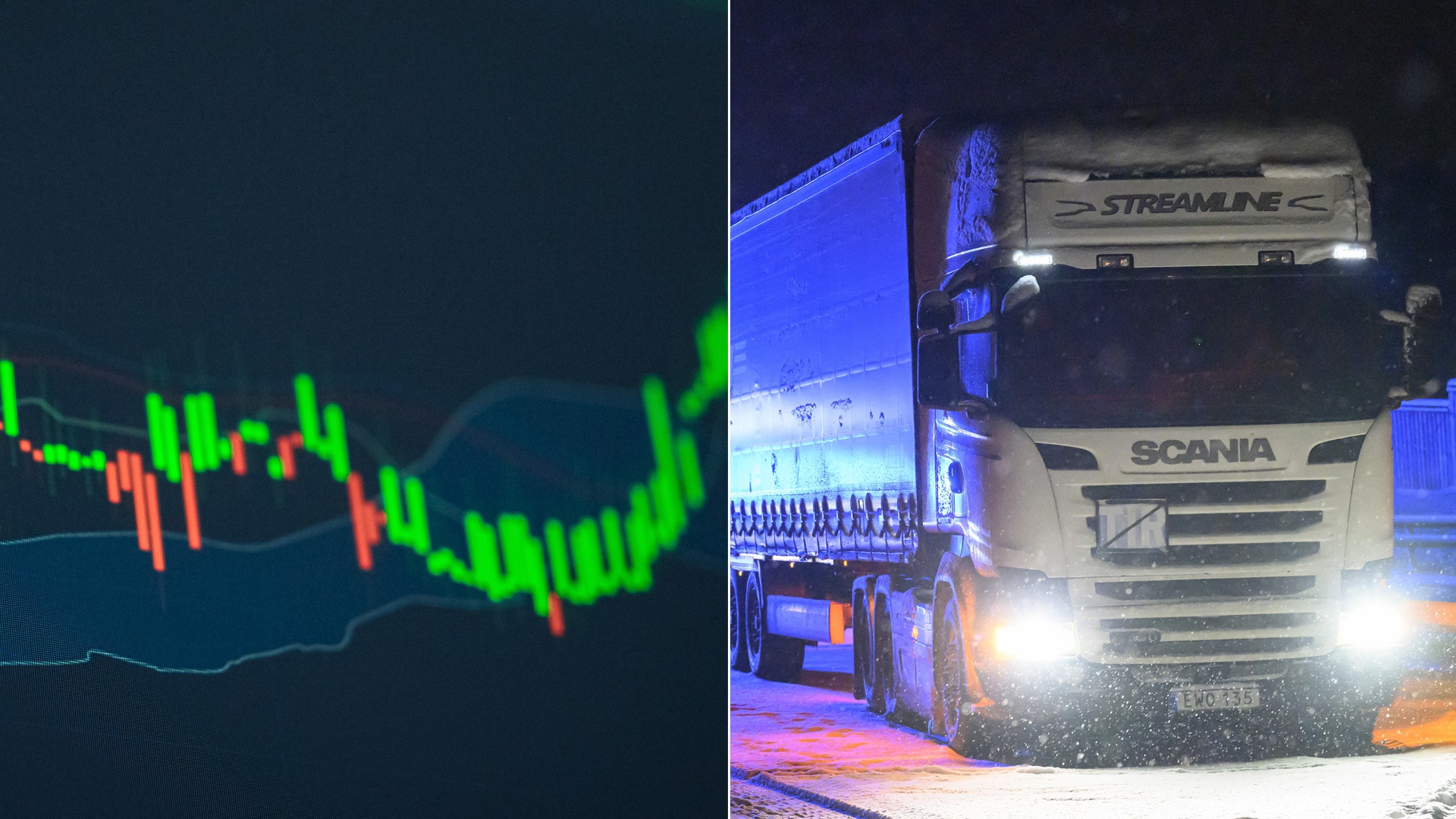 Genrebild över börsen till vänster. Scania-lastbil till höger.