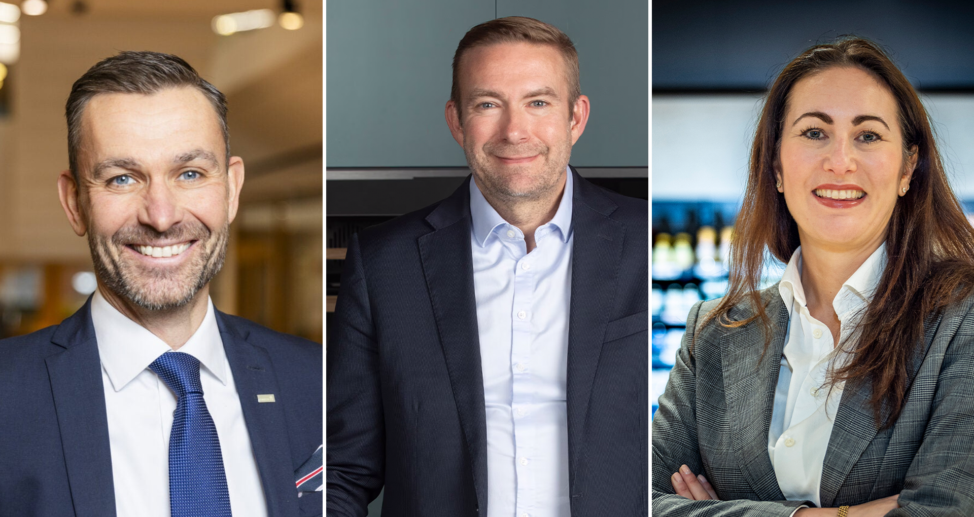 Tre porträttbilder av näringslivsledare i kostym som ler mot kameran.