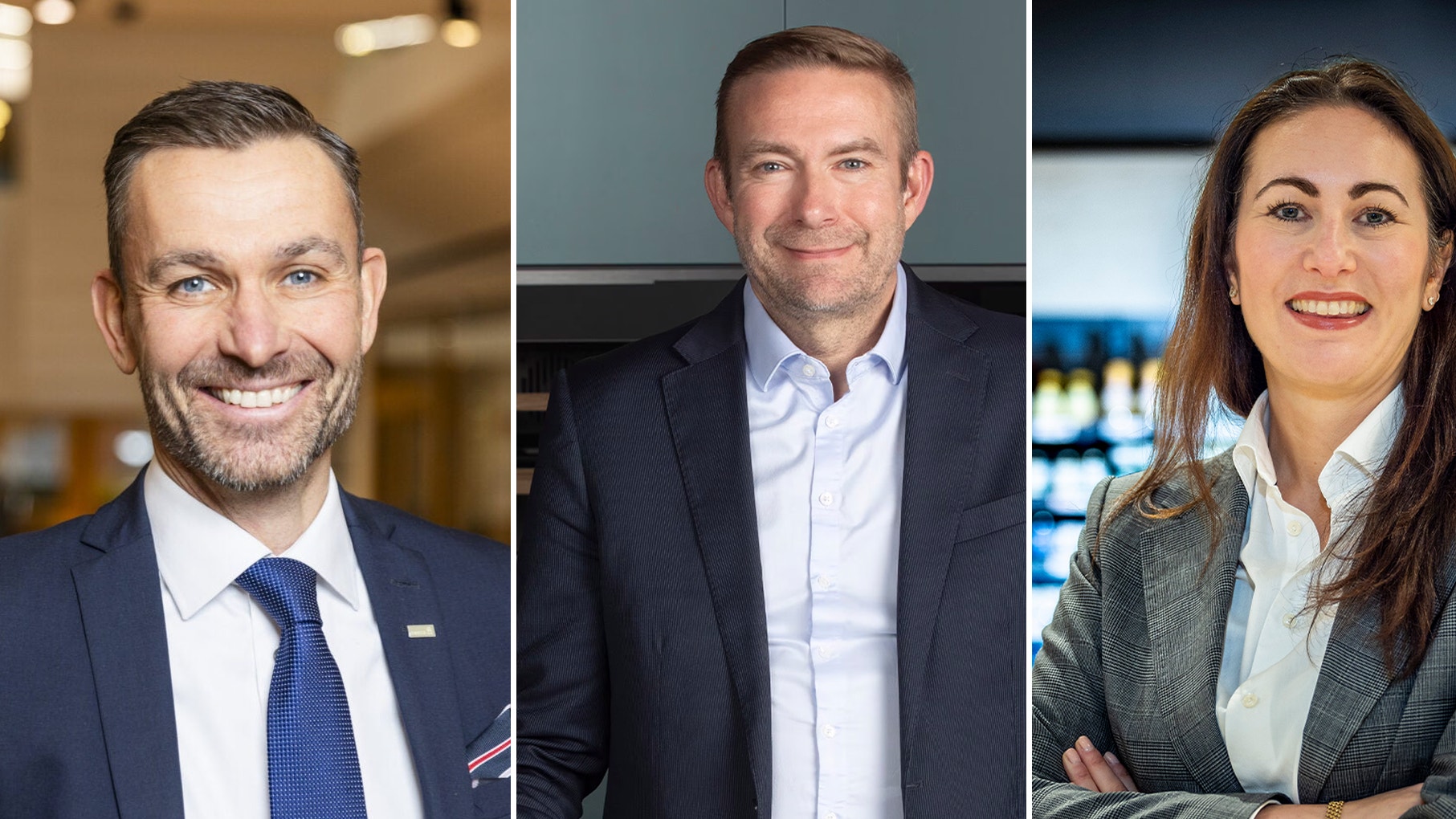 Tre porträttbilder av näringslivsledare i kostym som ler mot kameran.