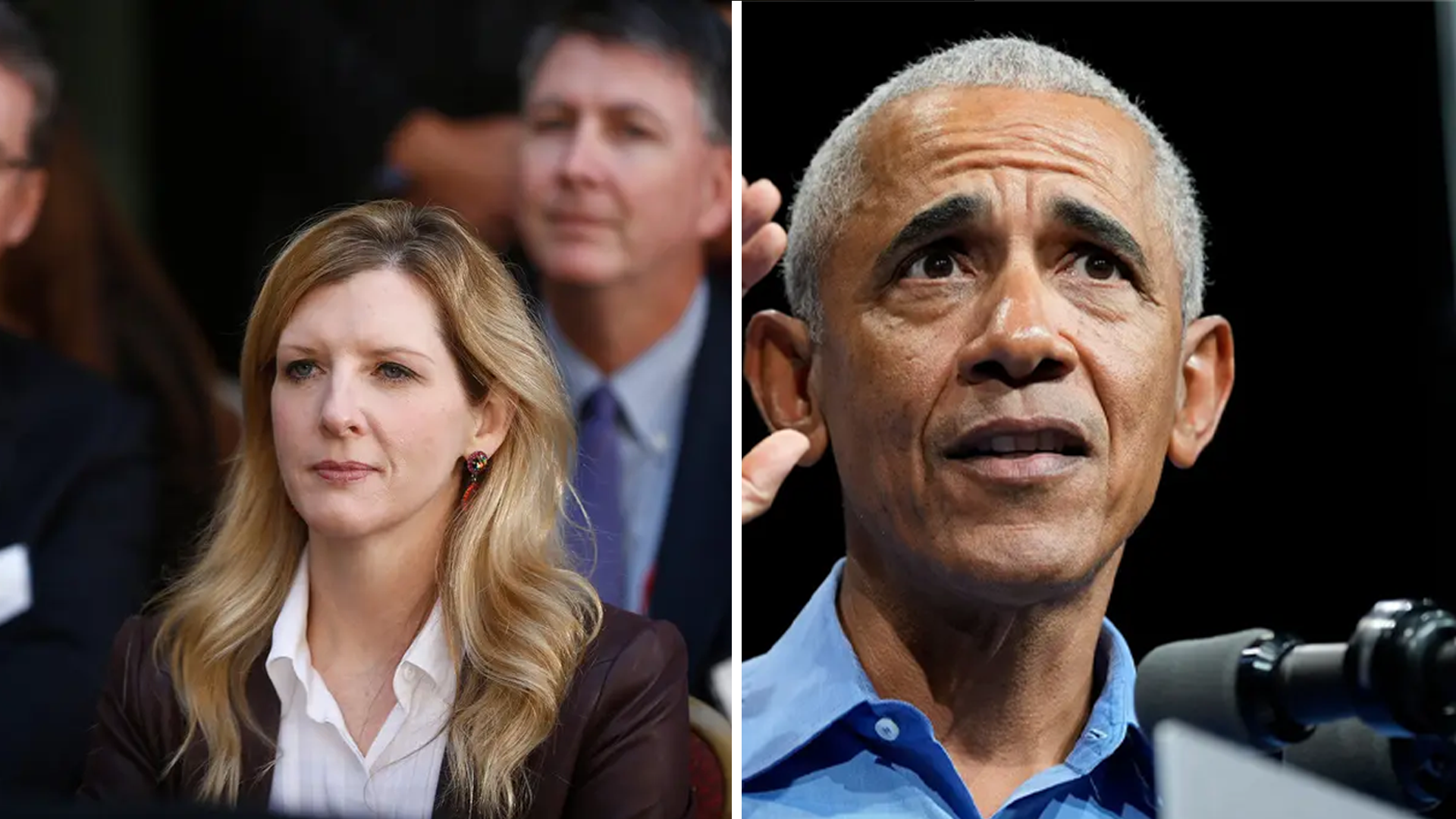 Porträttfoto av Kathryn Ruemmler och Barack Obama. Till vänster står en kvinna med långt blont hår, iklädd mörkbrunt blazer och vit skjorta. Till höger ses en man med grått hår som talar vid en mikrofon, iklädd ljusblå skjorta. Bilden är uppdelad i två delar med mörkgrå bakgrund.