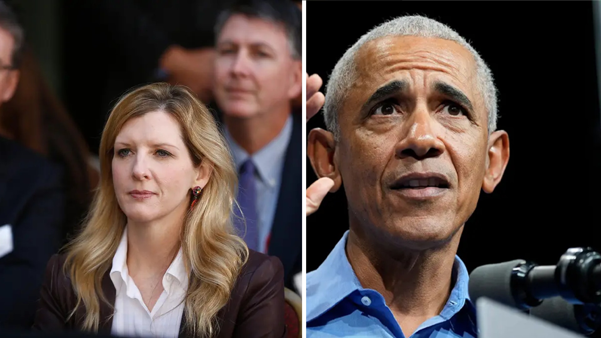 Porträttfoto av Kathryn Ruemmler och Barack Obama. Till vänster står en kvinna med långt blont hår, iklädd mörkbrunt blazer och vit skjorta. Till höger ses en man med grått hår som talar vid en mikrofon, iklädd ljusblå skjorta. Bilden är uppdelad i två delar med mörkgrå bakgrund.
