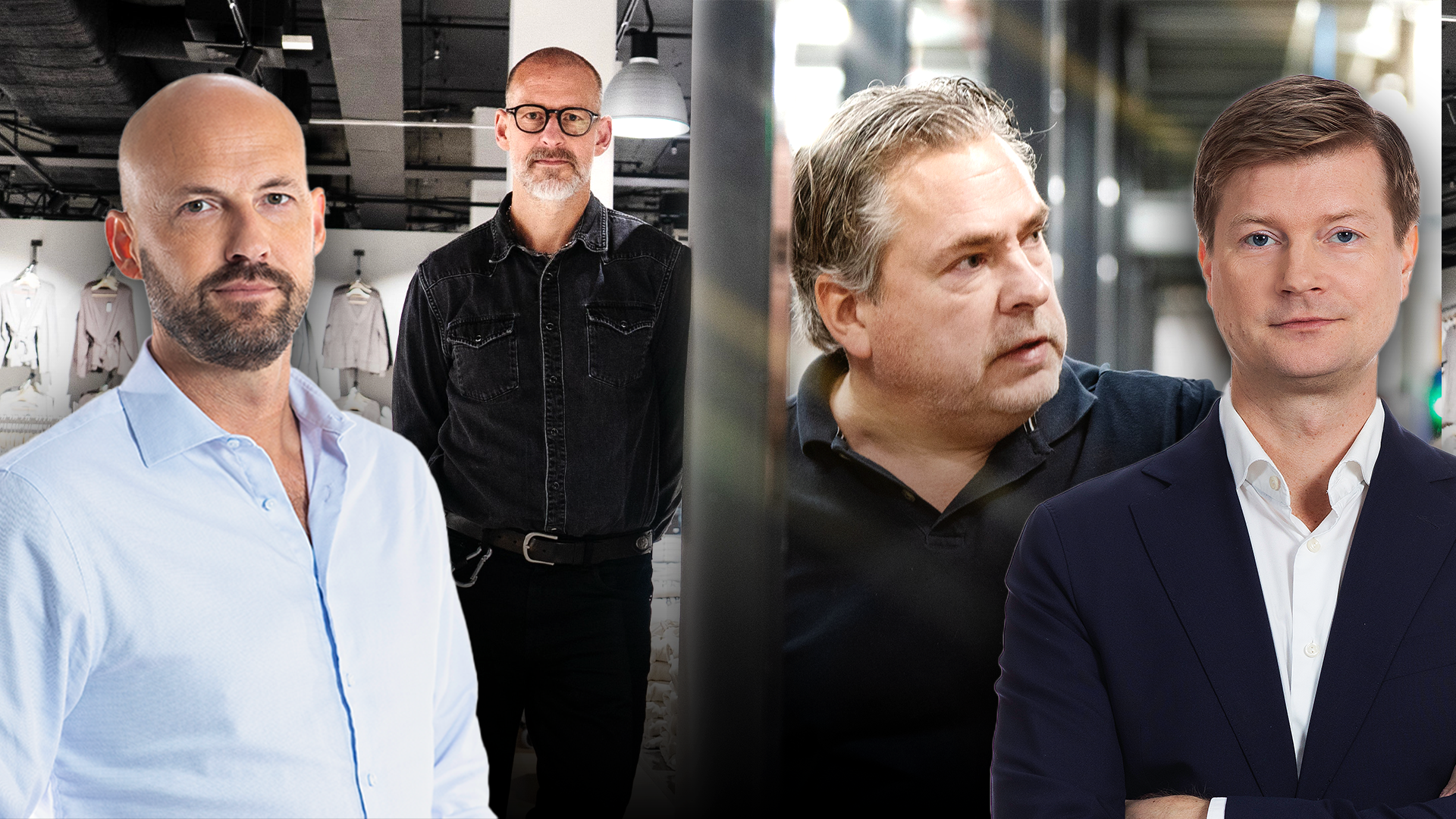 Fyra män i porträttfoto. Från vänster: man i ljusblå skjorta, man i svart jeansjacka, man i svart skjorta och man i marinblå kavaj med vit skjorta.