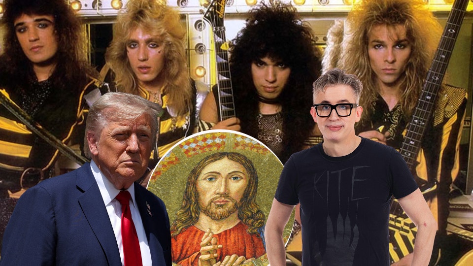 Fredrik Strage skriver om Stryper, Donald Trump och Jesus som här ses tillsammans i ett collage.