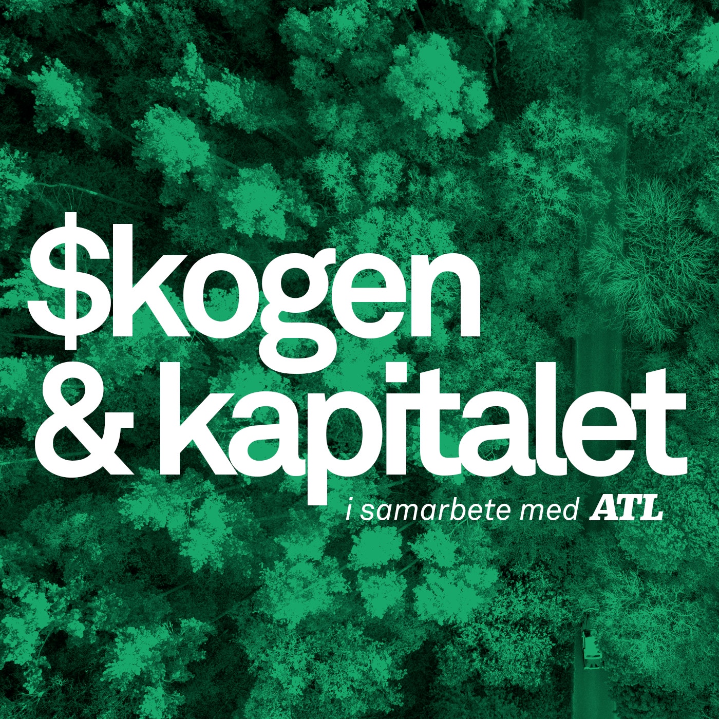 Luftfoto av tät skog med texten "Skogen & kapitalet i samarbete med ATL"