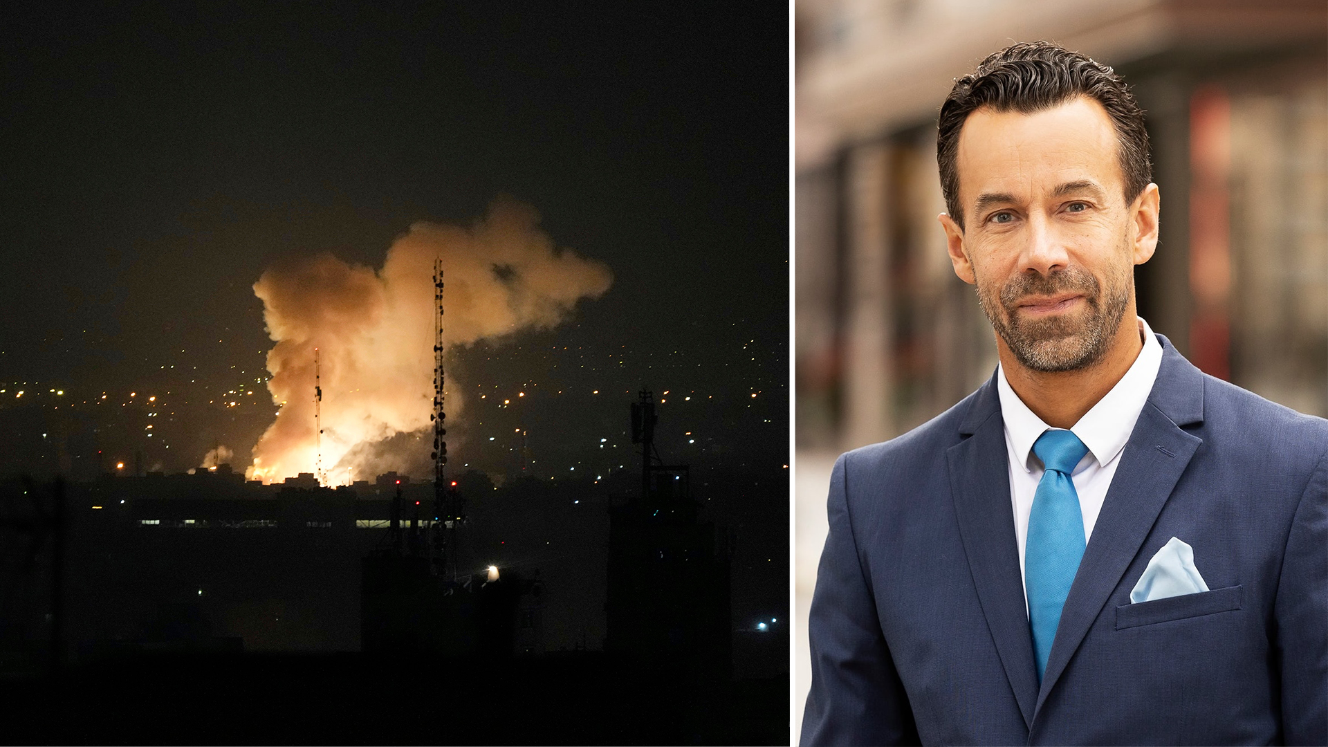 Rök efter Israles flygattack mot Iran och Christian Kopfer.