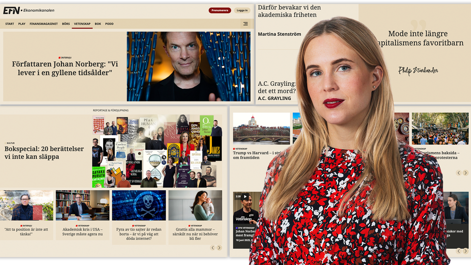 EFN Vetenskaps redaktionschef Martina Stenström framför skärmdumpar av den nya sidan.