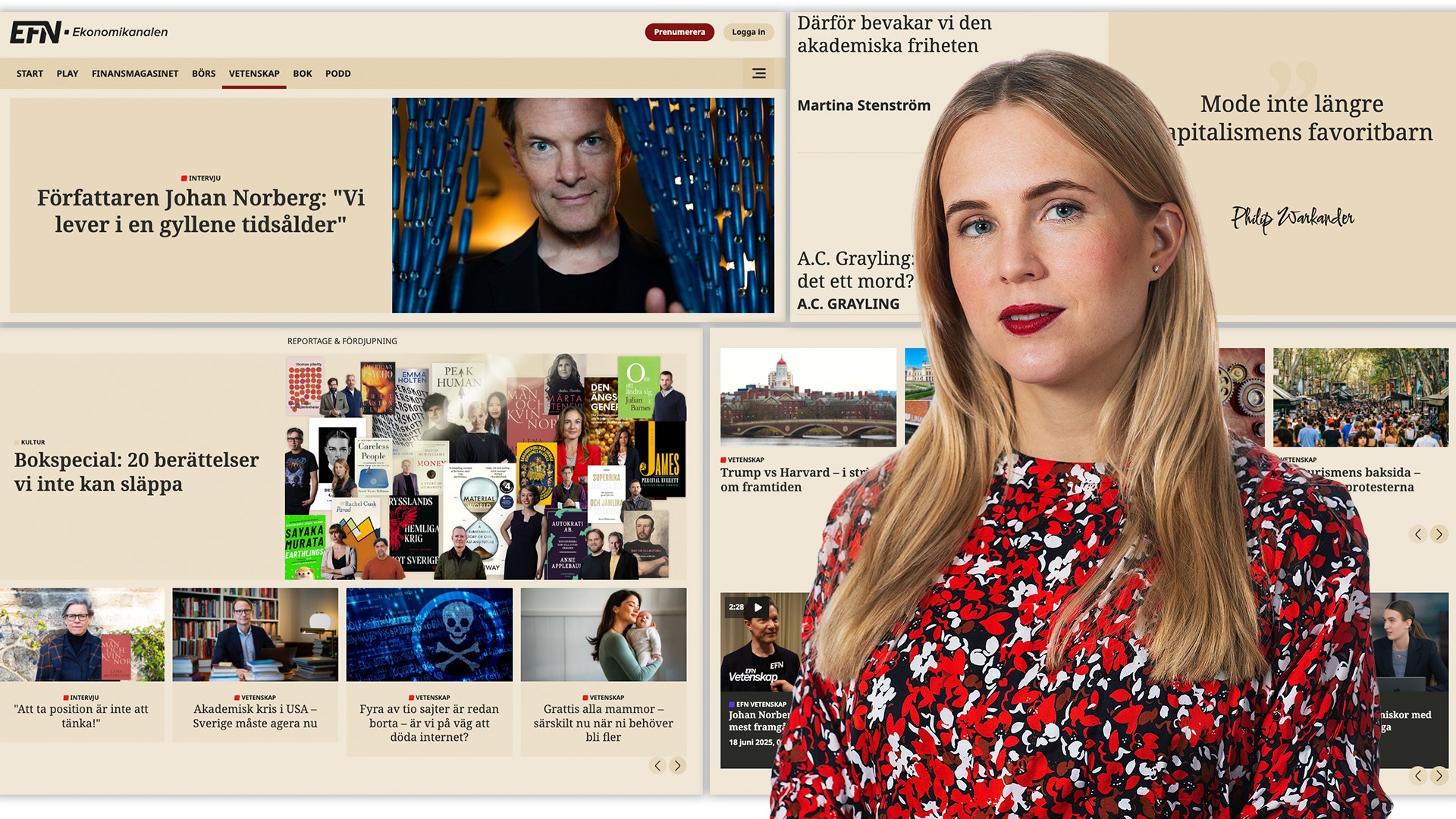 EFN Vetenskaps redaktionschef Martina Stenström framför skärmdumpar av den nya sidan.