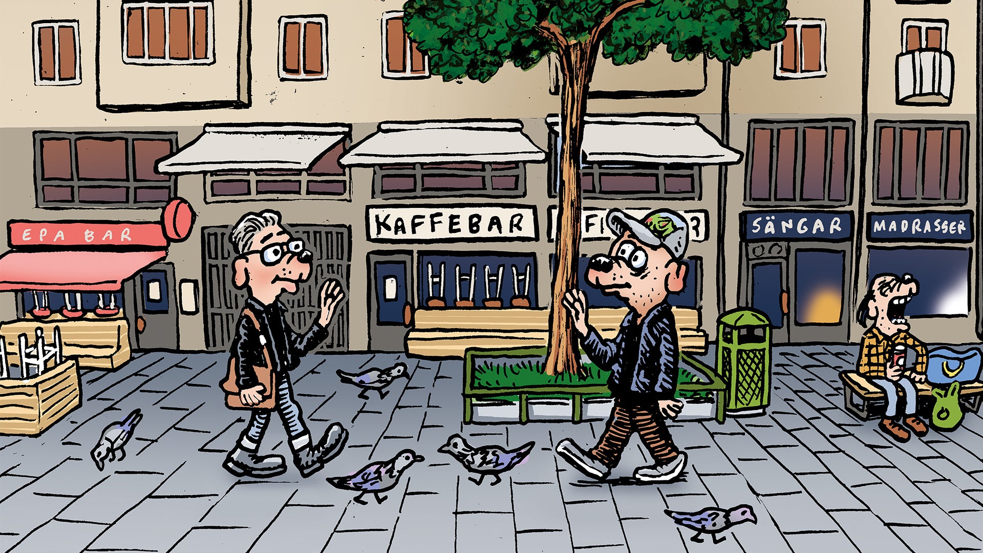 Tecknad illustration av en stadsgata med två personer som går förbi olika butiker, bland annat en kaffebar. Ett träd växer i mitten av gatan.