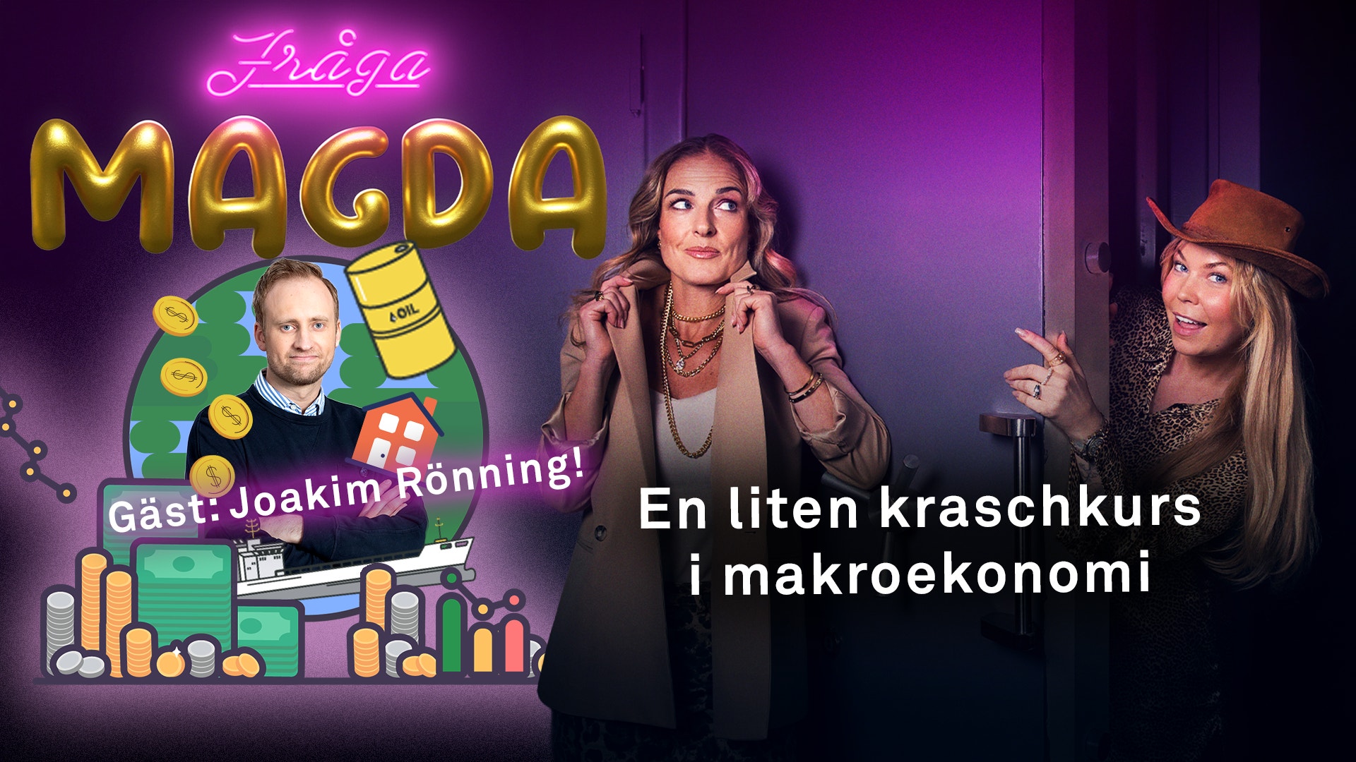 Promotionsbild för podcasten Magda räntå på räntå. Två kvinnor står mot en lila bakgrund med neonskyltar. En gyllene spargris syns i förgrunden tillsammans med texten 'Så kan det bli stålar ändå'.