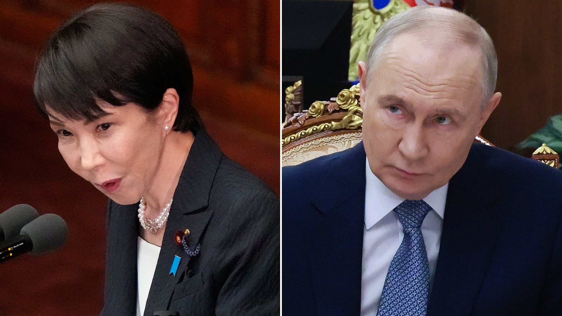 Två porträttbilder av Japans premiärminister Sanae Takaichi och Ryssland president Vladimir Putin. Båda är formellt klädda.