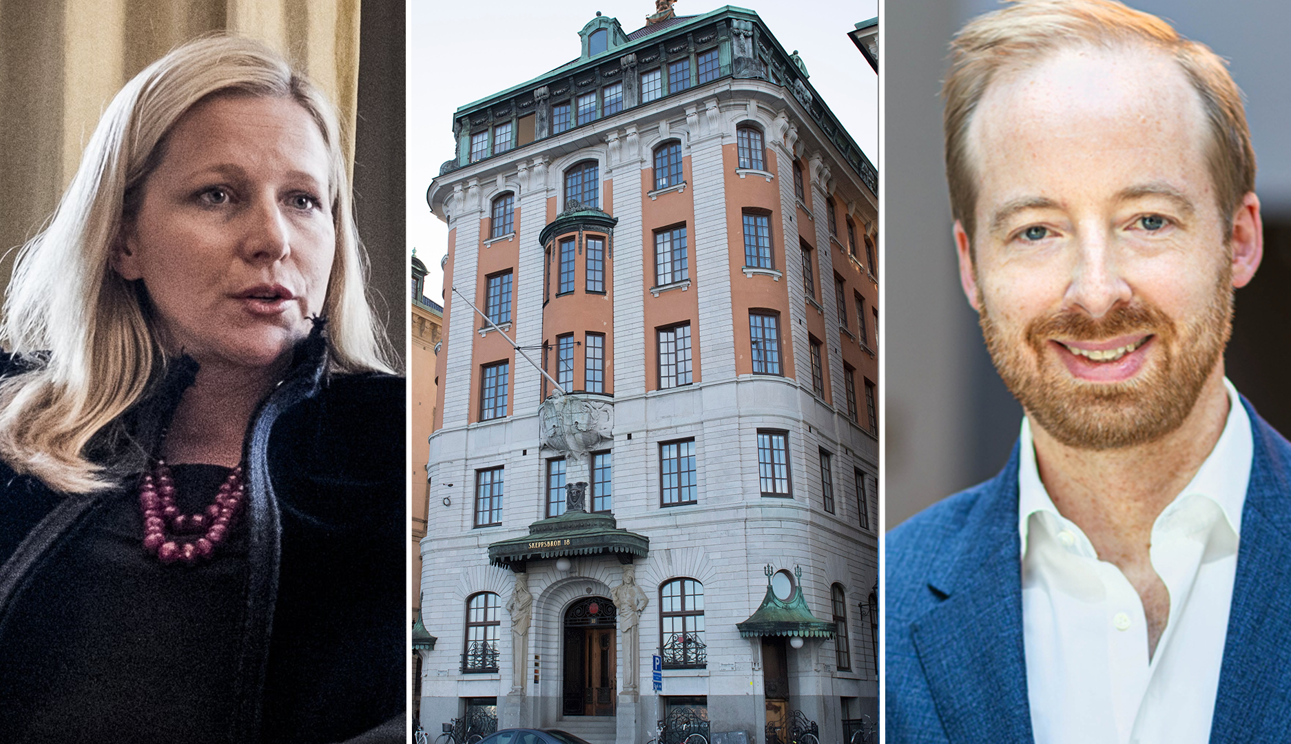 Sammansatt bild med porträtt av två personer och en klassisk byggnad. Till vänster en kvinna med långt ljust hår, i mitten ett flervåningshus i orange och blått, och till höger en man med rött skägg.