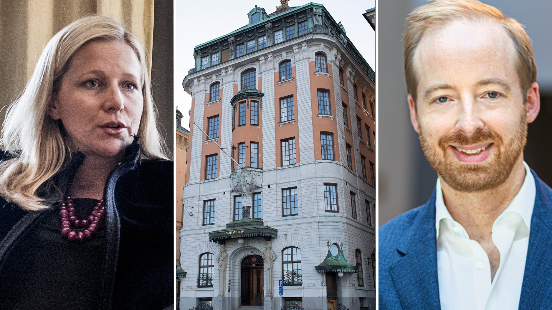 Sammansatt bild med porträtt av två personer och en klassisk byggnad. Till vänster en kvinna med långt ljust hår, i mitten ett flervåningshus i orange och blått, och till höger en man med rött skägg.