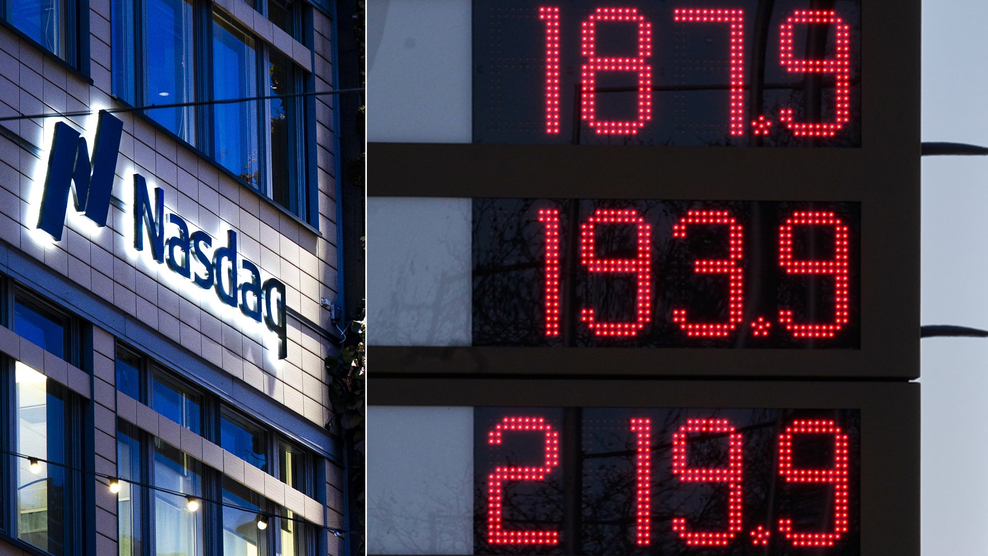 NASDAQ-byggnad med digital display som visar aktiekurser i röda LED-siffror