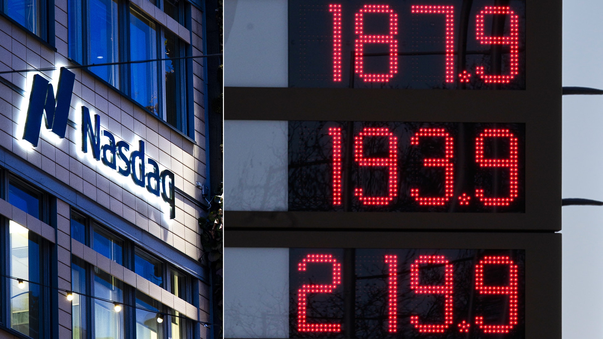 NASDAQ-byggnad med digital display som visar aktiekurser i röda LED-siffror