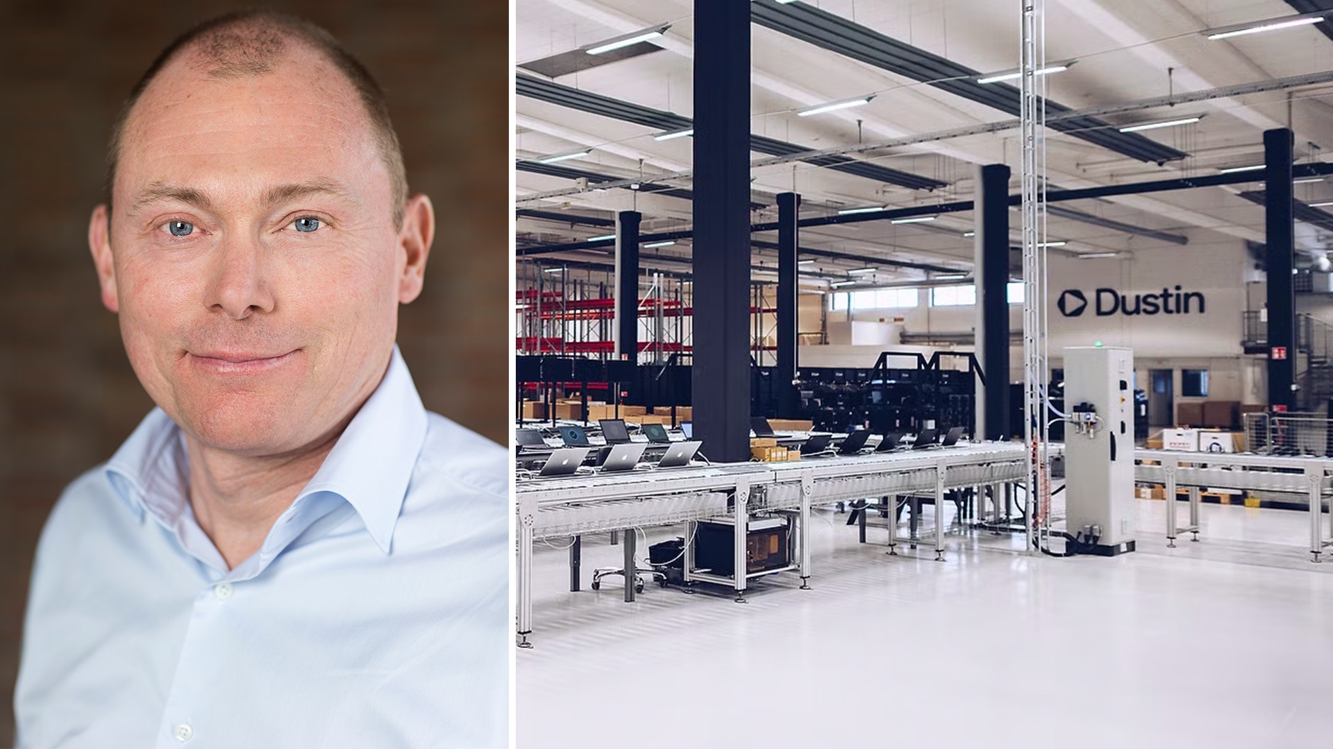 Johan Karlsson, vd för Dustin till vänster. Pressbild på ett Dustin-lager till höger.