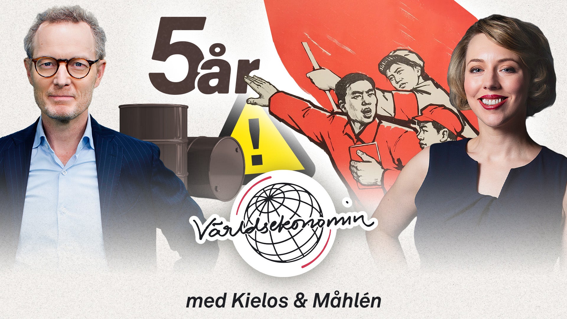 Världsprogrammen 5 år jubileum med två personer och vintage-illustrationer