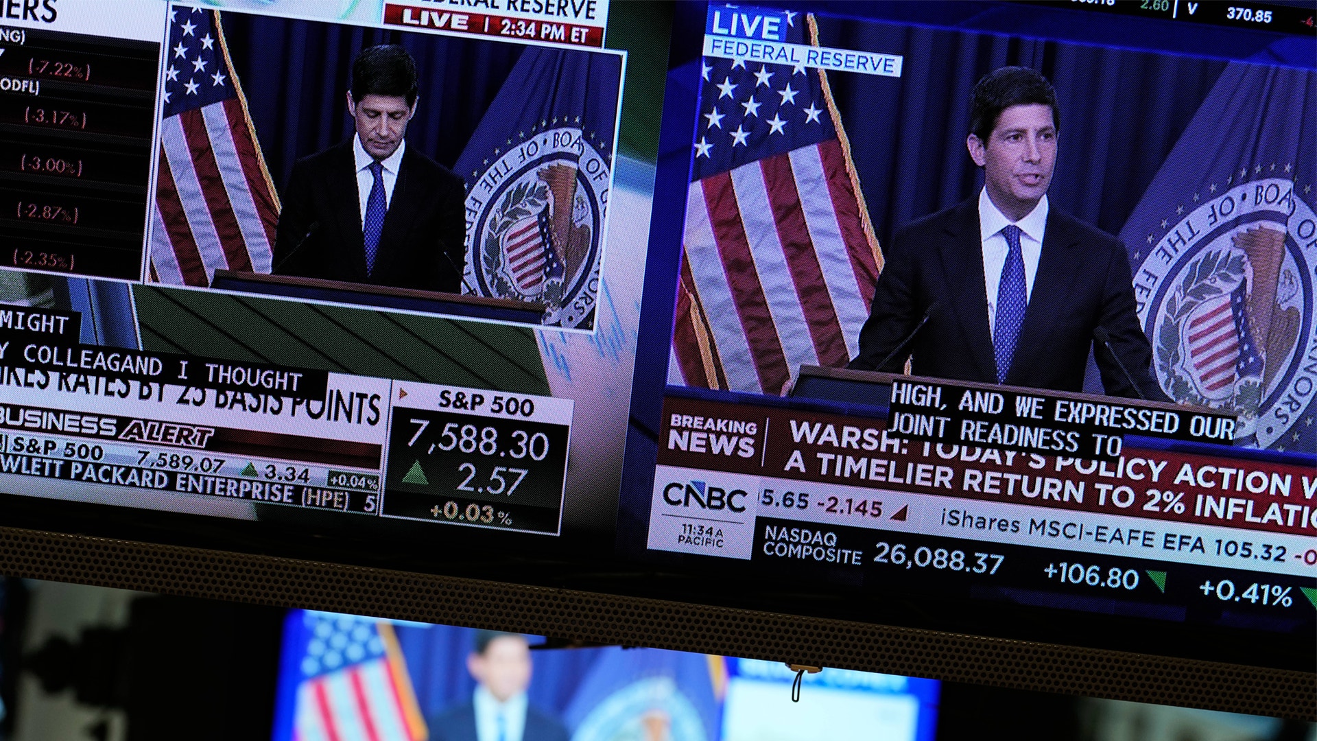 TV-skärmar visar en direktsänd nyhetssändning från Federal Reserve, med börskurser inblandade i bild.