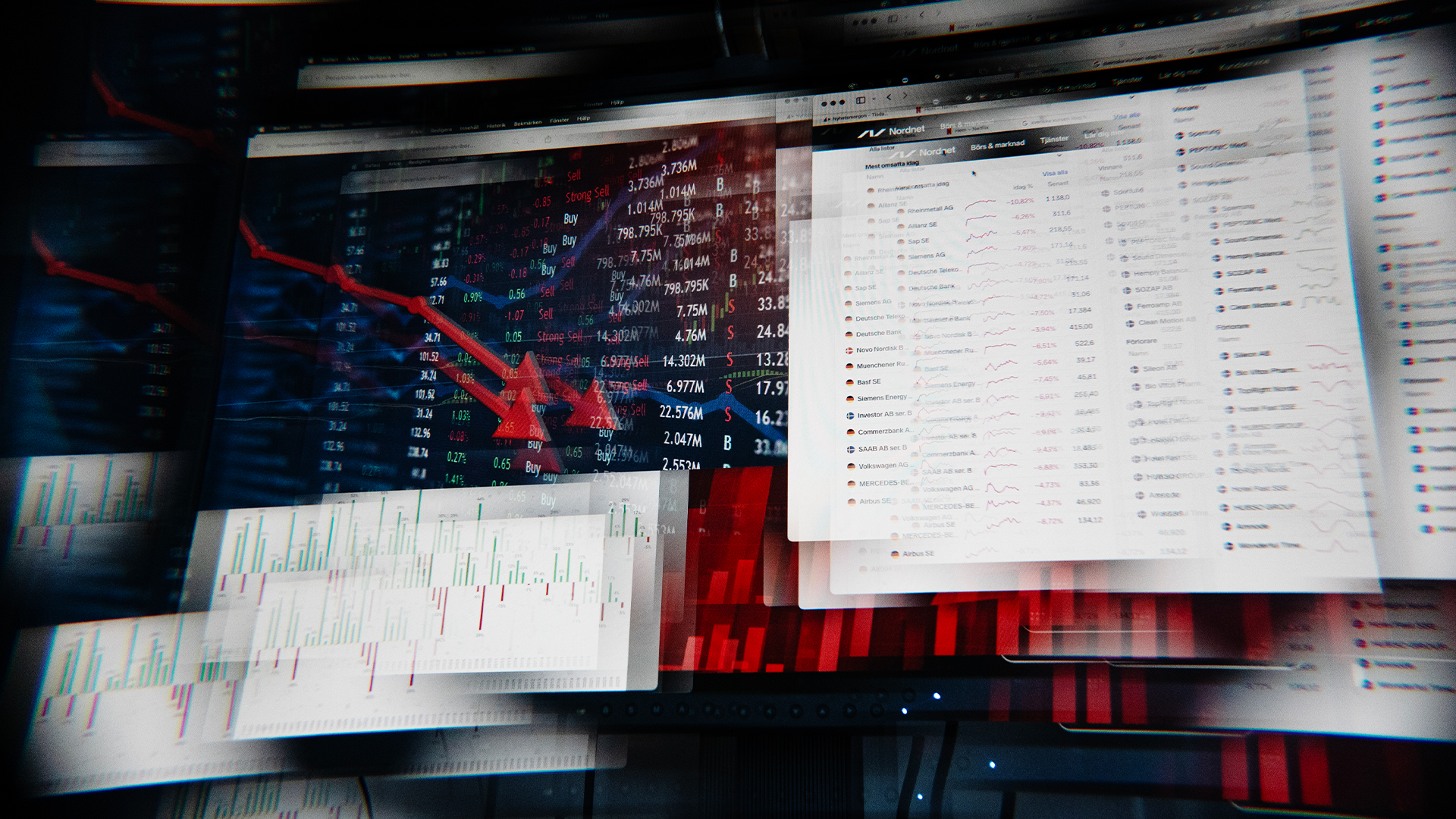Flera datorskärmar visar finansiella diagram och aktiemarknadskurser med röda och blå grafer.