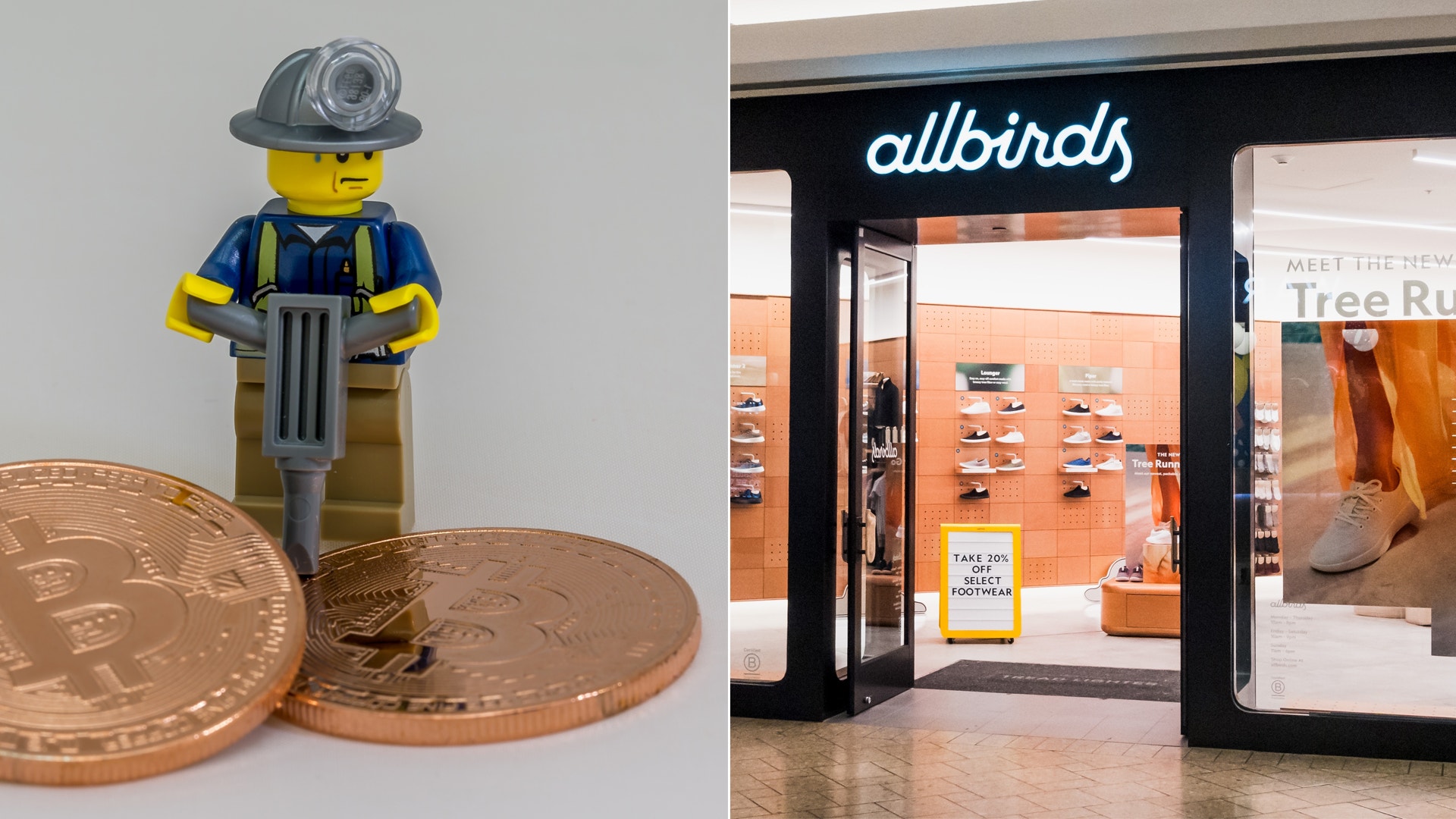 Två bilder: till vänster en liten gul och blå Lego-figur med hård hatt som står på två mynt, till höger en butiksfasad med svart ram och orange detaljer.