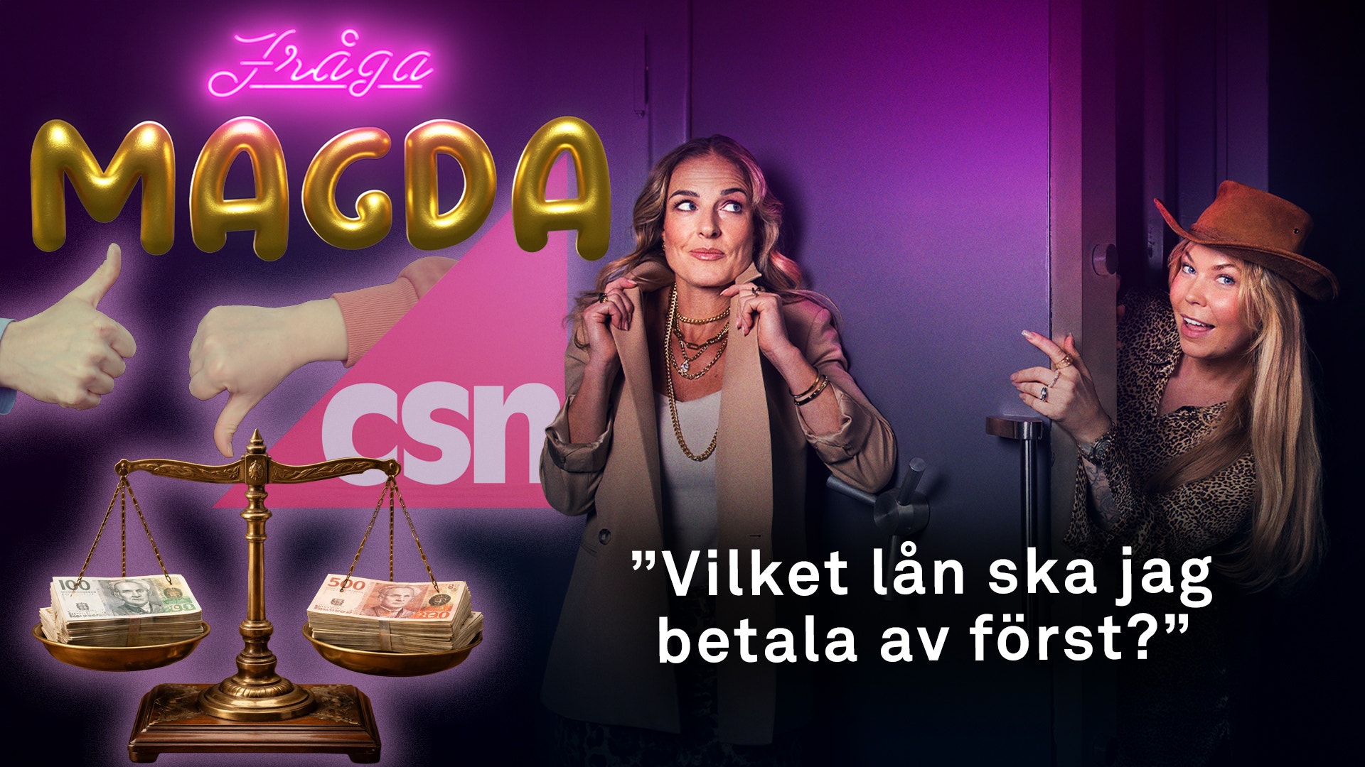Två kvinnor i en neonbelyst miljö med lila bakgrund. Text och grafiska element som en våg och neonskyltar syns i bilden.
