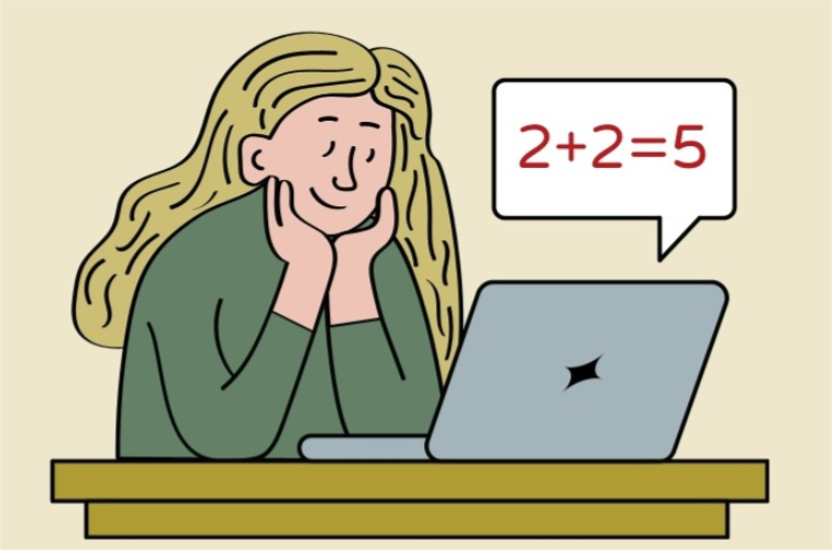 Person vid dator med felaktig matematisk ekvation i pratbubbla