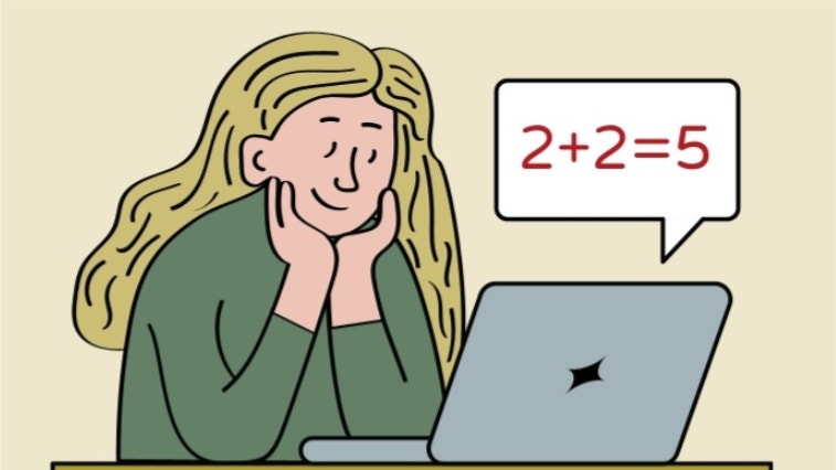 Person vid dator med felaktig matematisk ekvation i pratbubbla