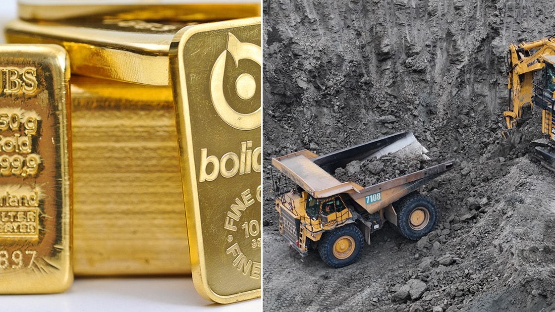 Bild på guldtackor till vänster och en gruva till höger.