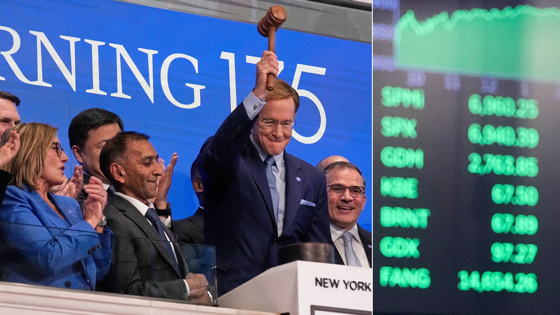 En man i kostym höjer en träklubba vid New York Stock Exchange. Flera personer står bredvid honom, och börskärmar med gröna aktiekurser syns i bakgrunden.