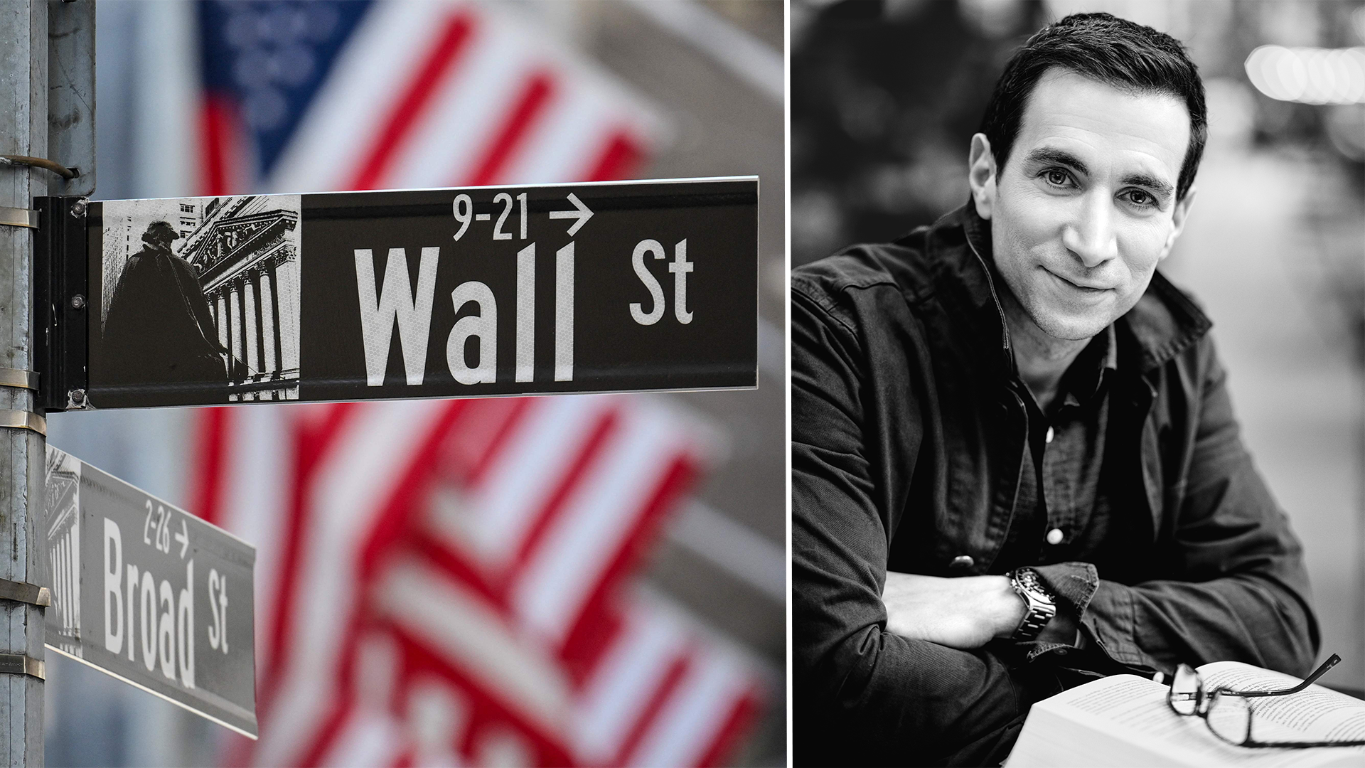Collage med en gatuskylt där det står Wall St, framför en amerikansk flagga, och ett svartvitt porträtt av en leende man i mörk skjorta med en uppslagen bok framför sig.