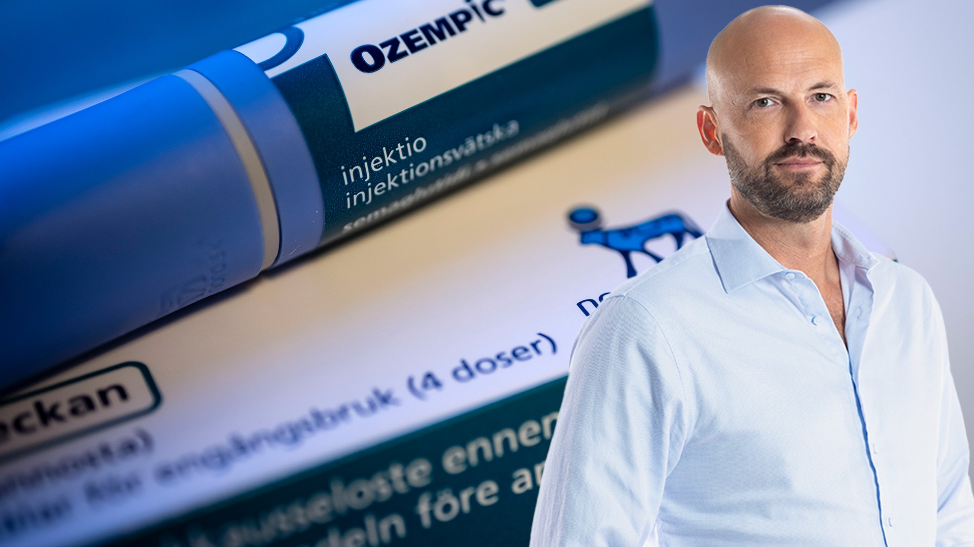 En Ozempic-spruta och EFN:s analytiker Martin Blomgren.