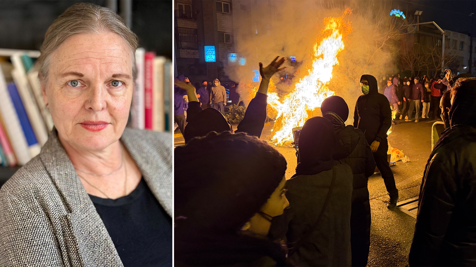 Porträtt av en kvinna till vänster och en nattscen med människor omkring en stor eld i en stadsmiljö till höger.