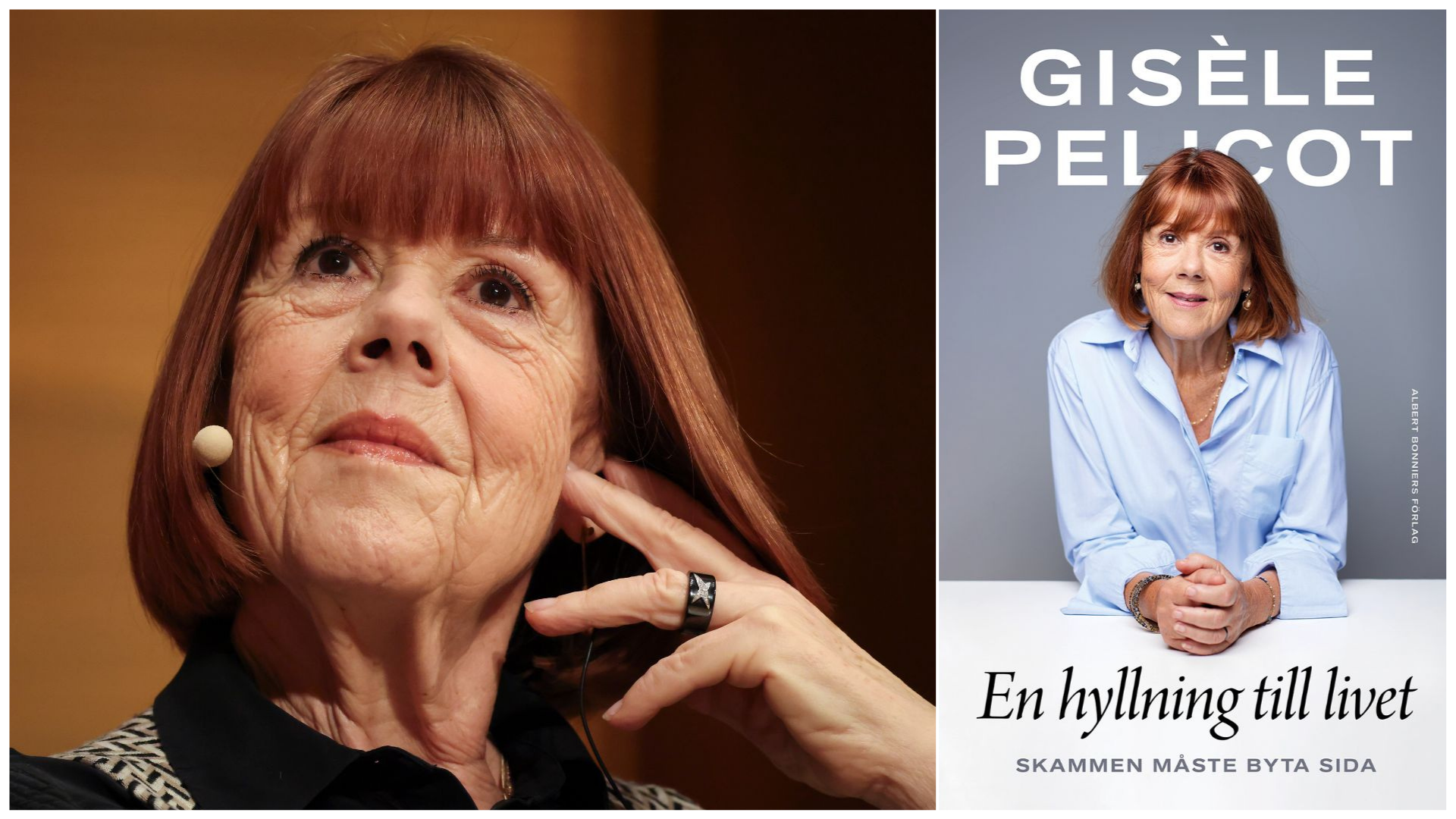 Porträtt av Gisèle Pelicot tillsammans med bokens framsida "En hyllning till livet"