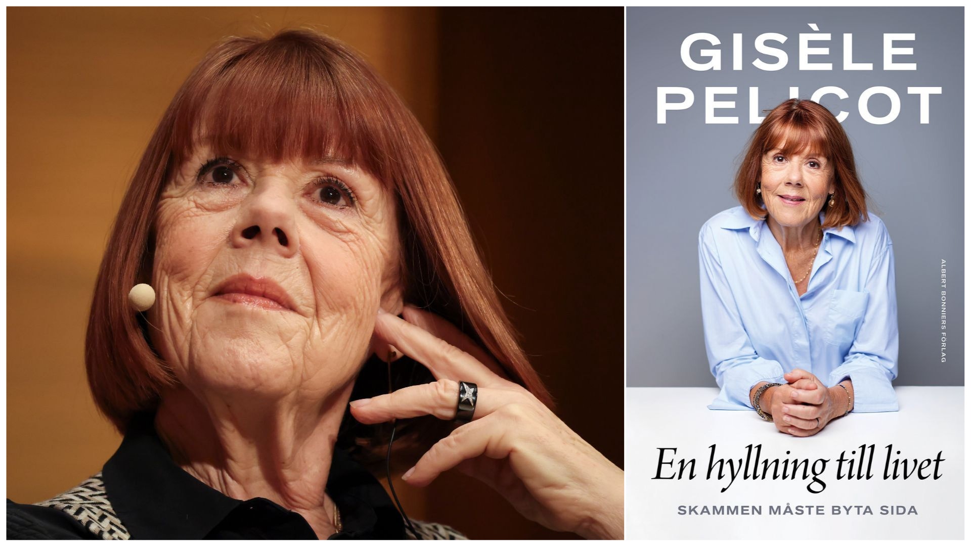 Porträtt av Gisèle Pelicot tillsammans med bokens framsida "En hyllning till livet"