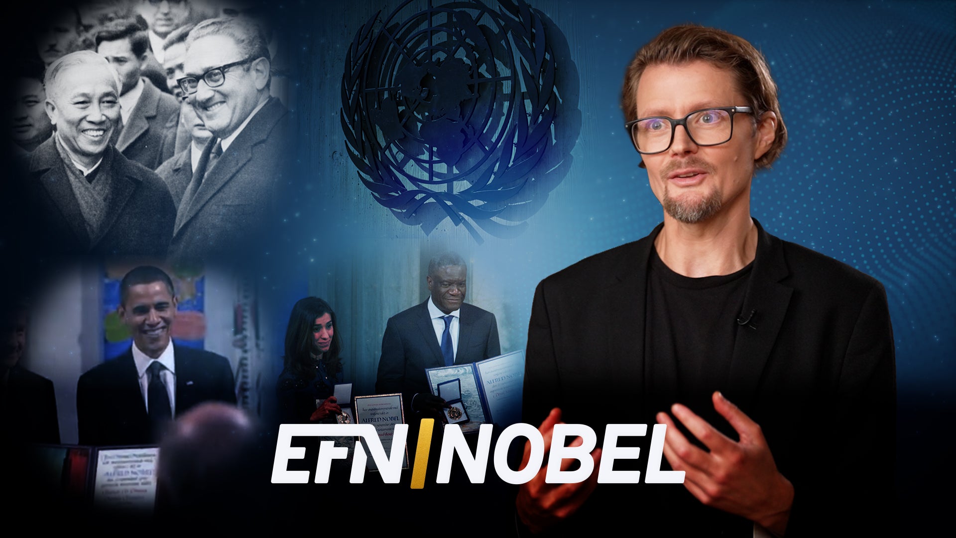 En man med glasögon och skägg i svart tröja och kavaj står framför en blå bakgrund med FN:s emblem. Bredvid honom syns collage med äldre och nyare fredspristagare. Längst ned står loggan EFN Nobel.