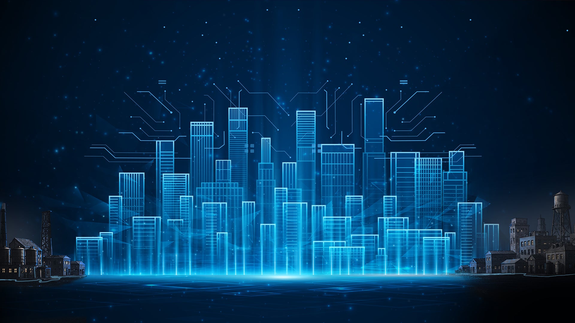 Digital illustration av en futuristisk stadshorisont med neonblå byggnader och elektroniska kretsmönster mot en mörk stjärnhimmel.