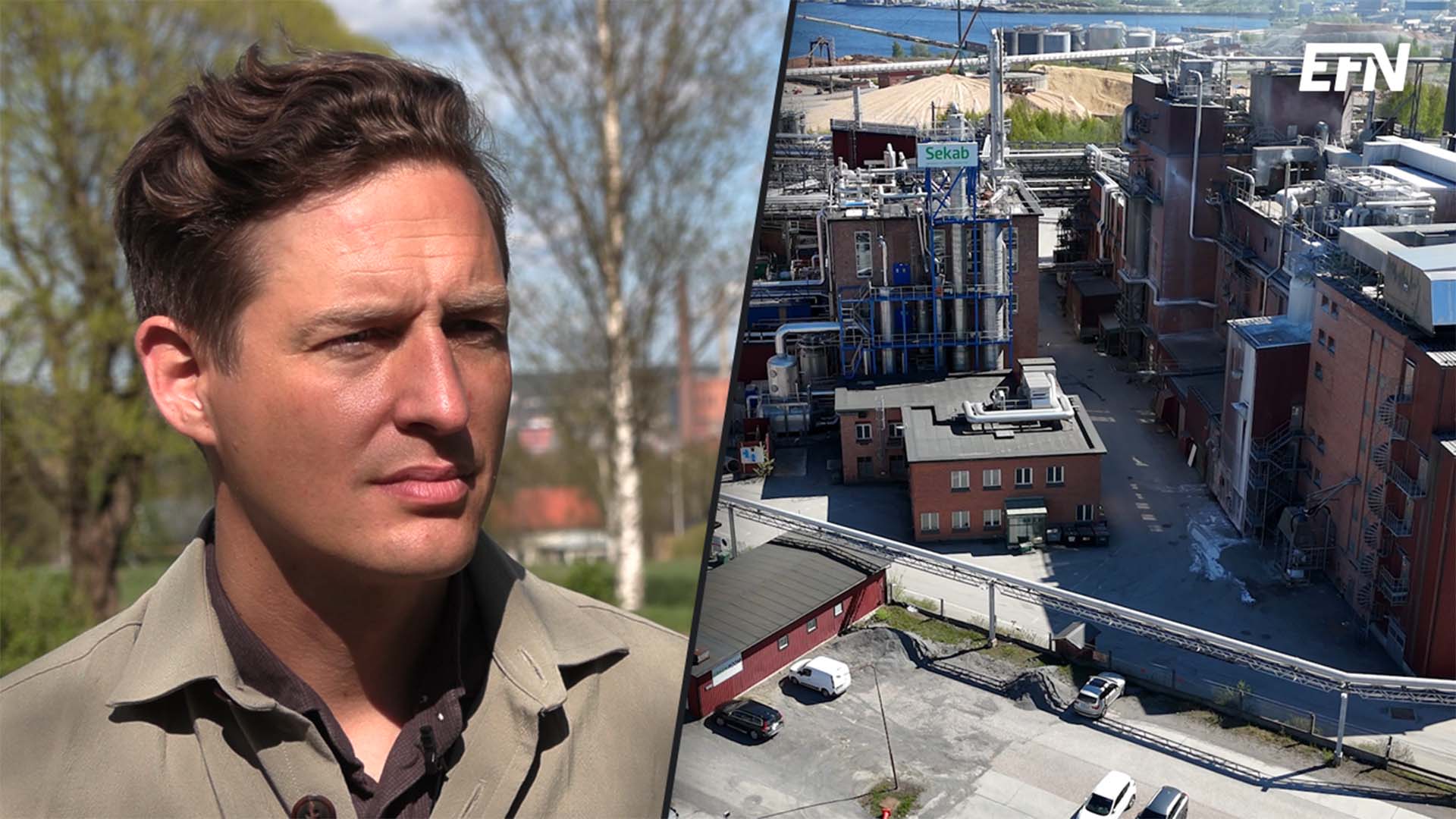 Ett montage med Emil Källström till vänster och Sekabs industrilokaler till höger.