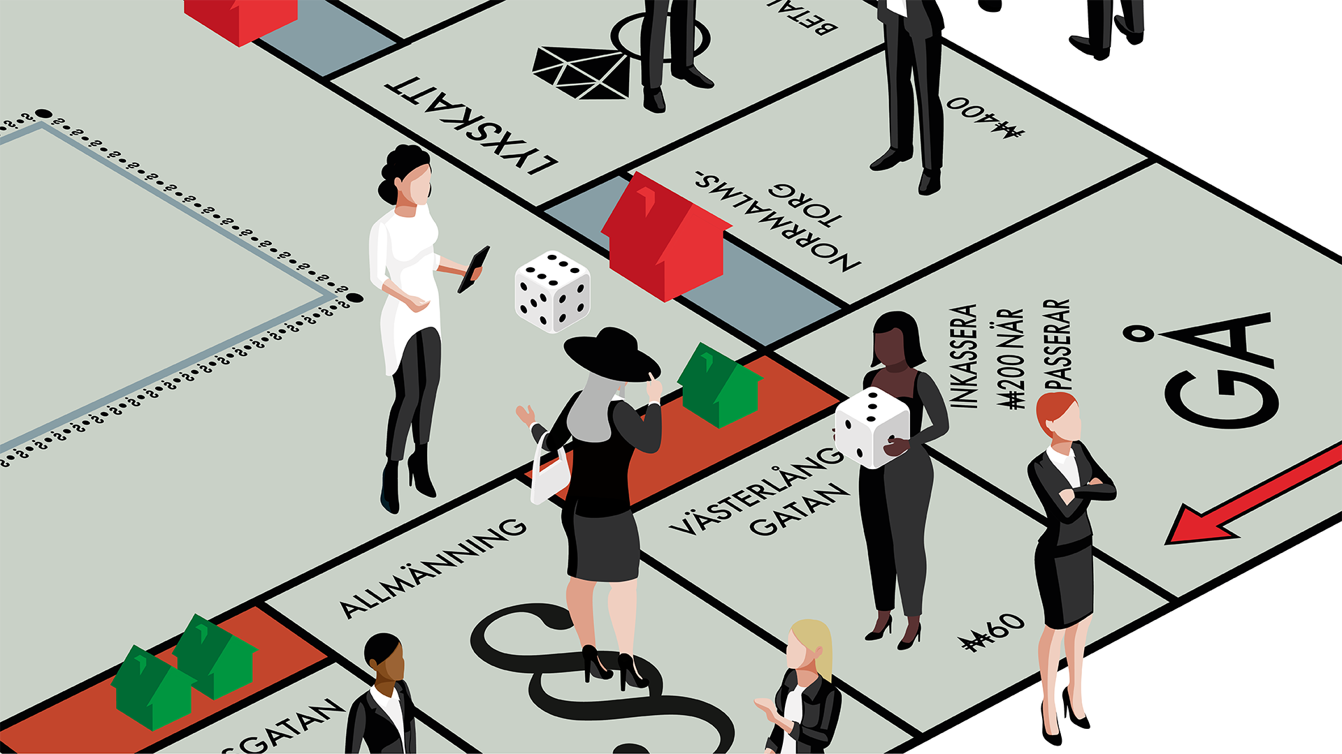 Illustrerad Monopoly-spelbräde med affärspersoner som spelar